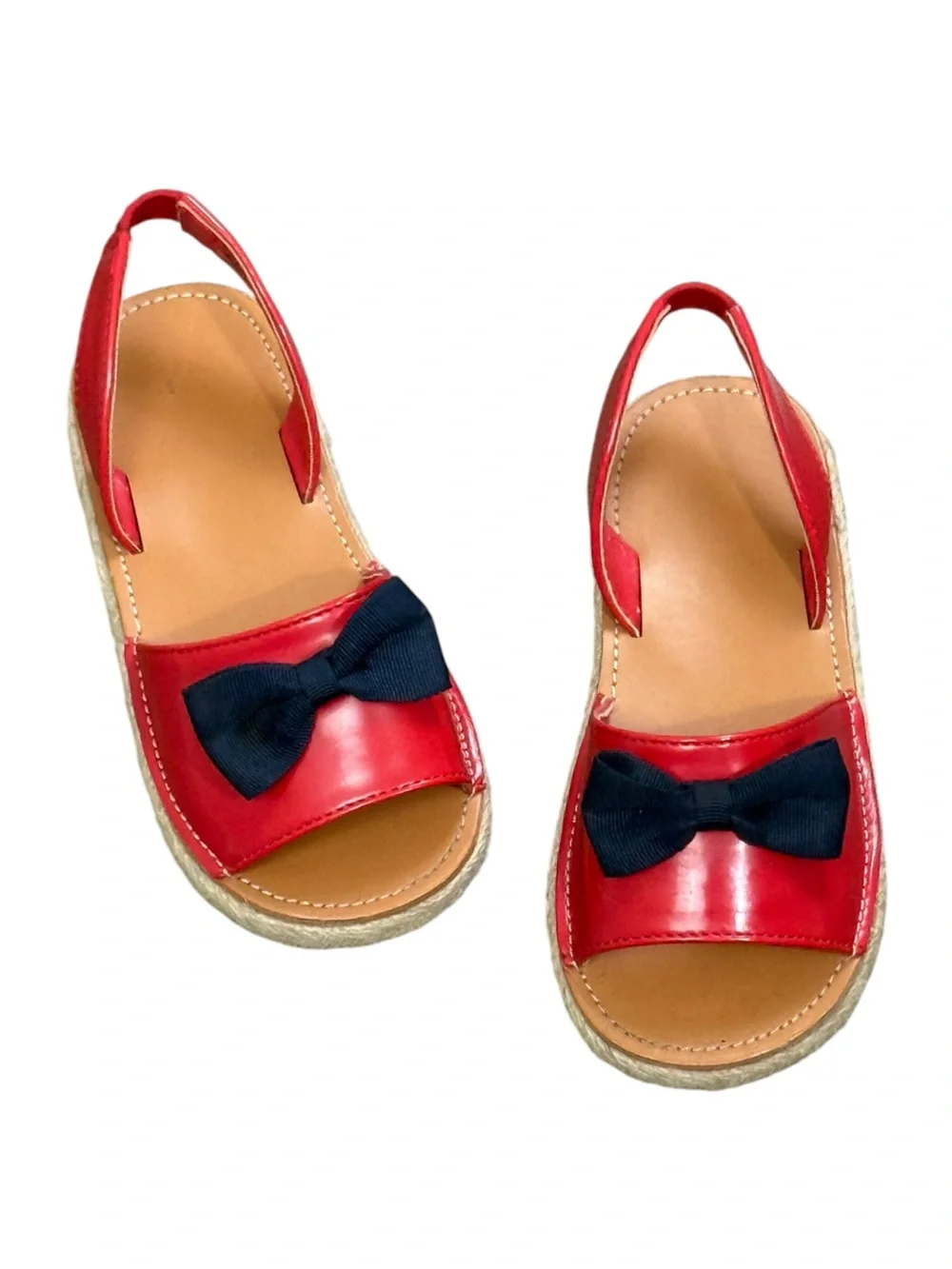 Girls Red Bow Espadrille Sandals with Navy Blue Bow